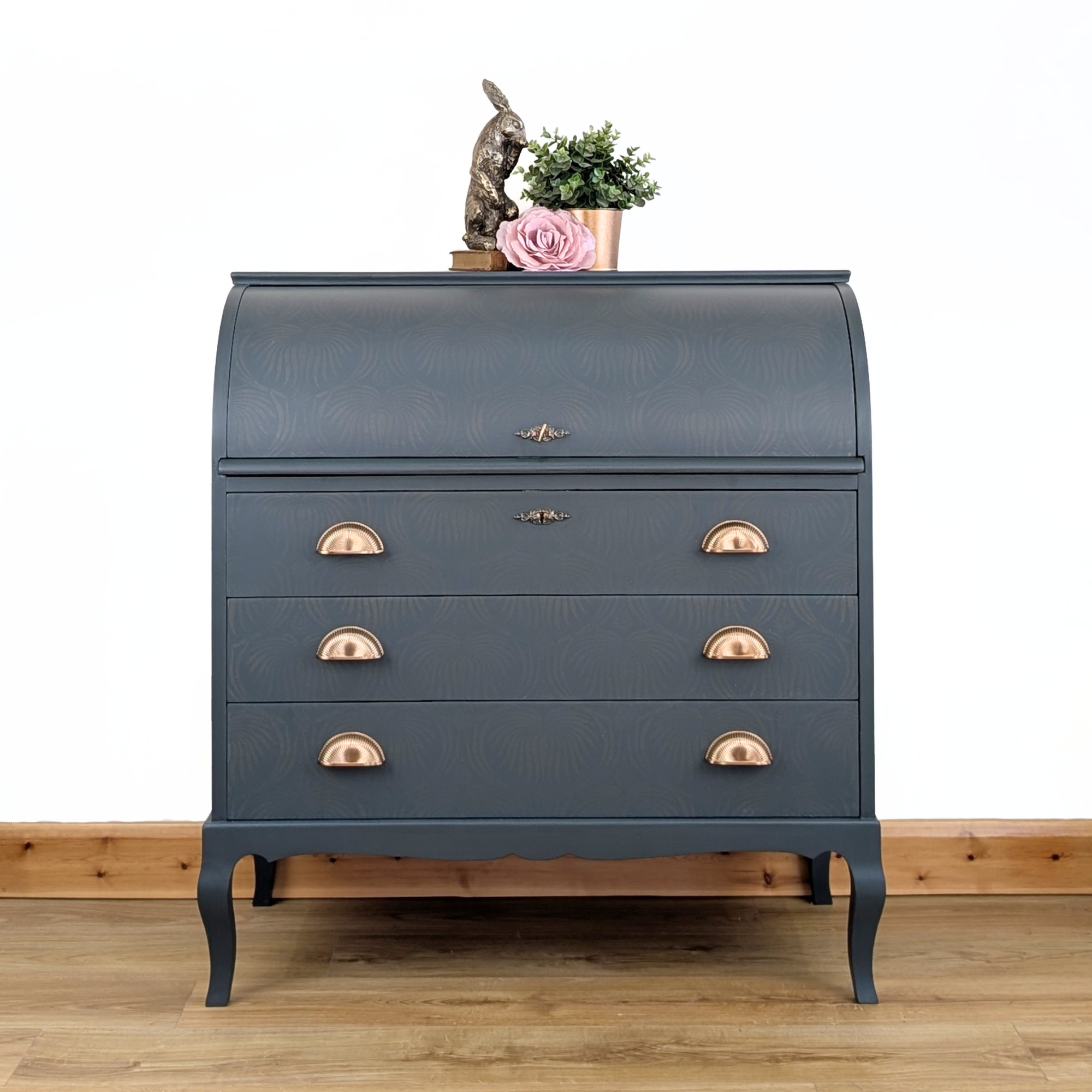 Mid-century bureau, green with ghost stencilling