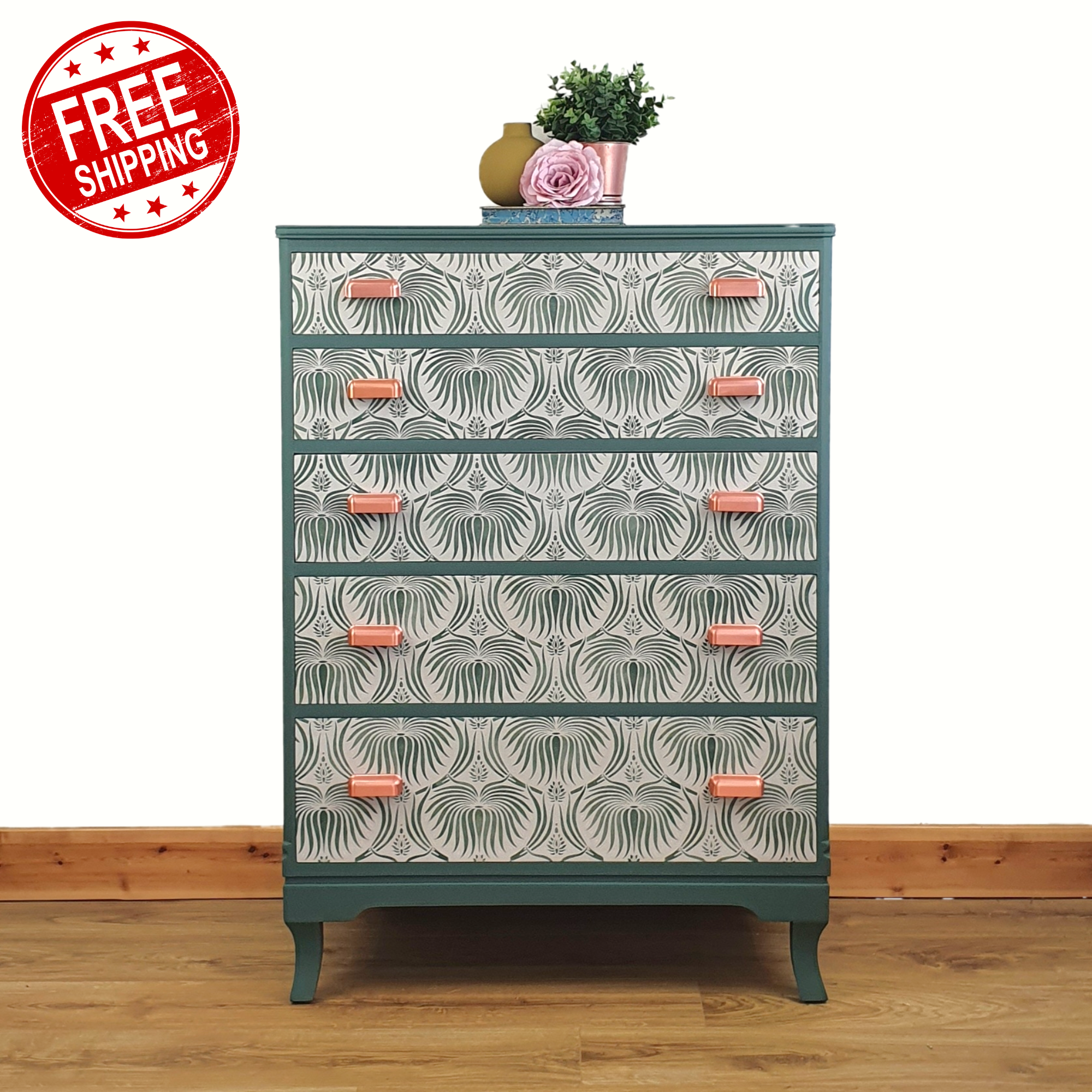 Green and cream 5-drawer tallboy