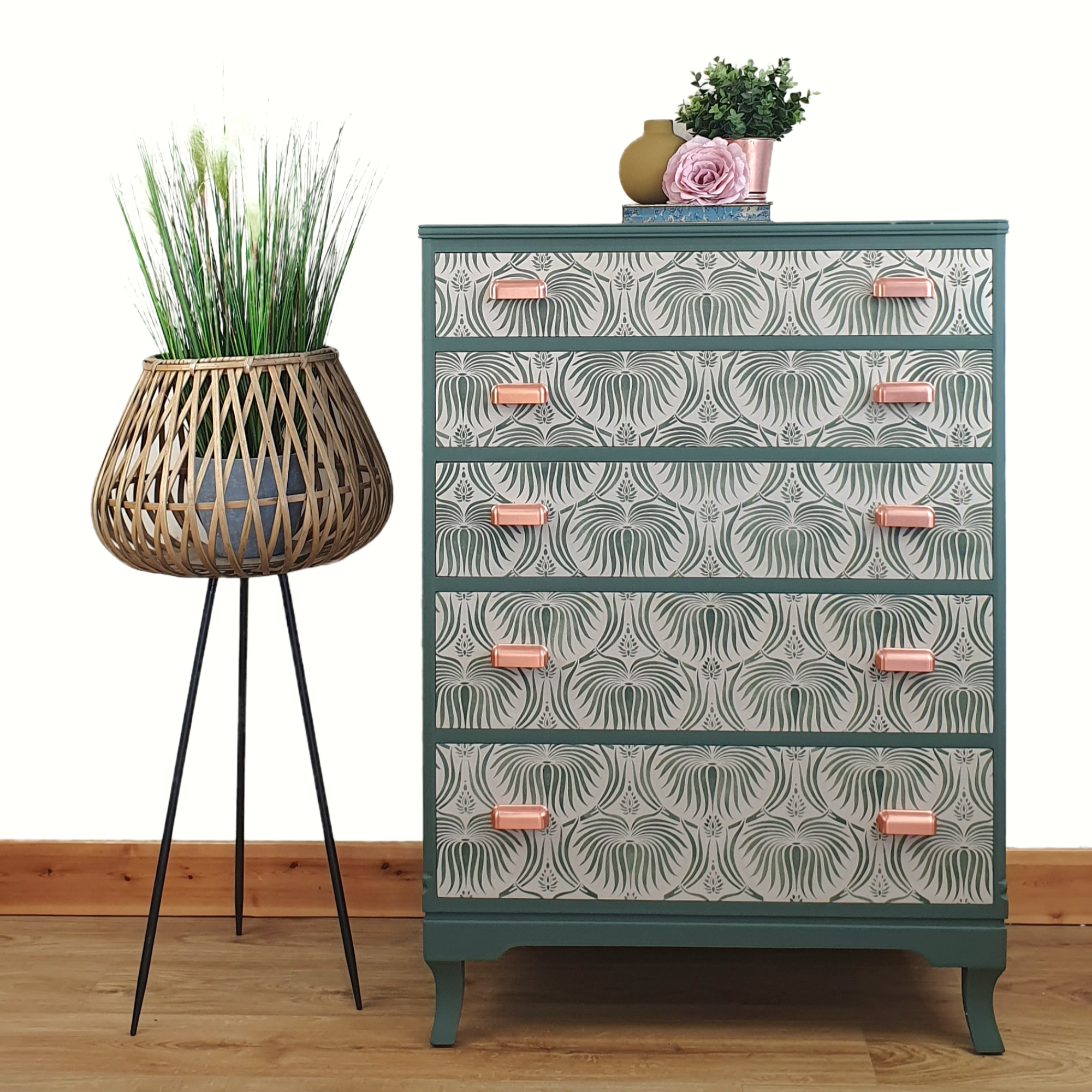 Green and cream 5-drawer tallboy