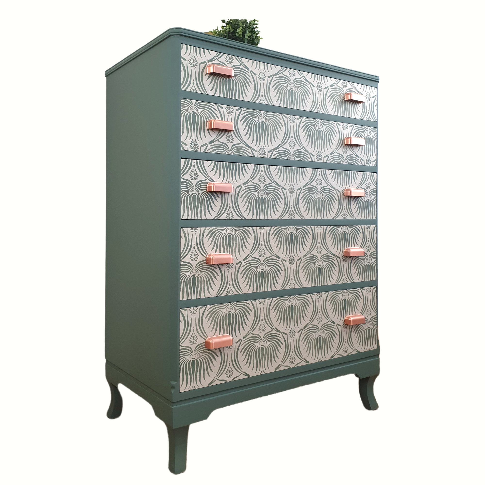 Green and cream 5-drawer tallboy