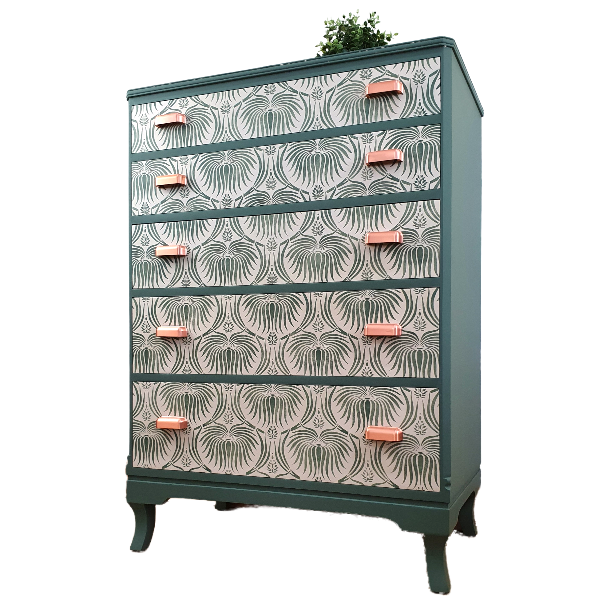 Green and cream 5-drawer tallboy