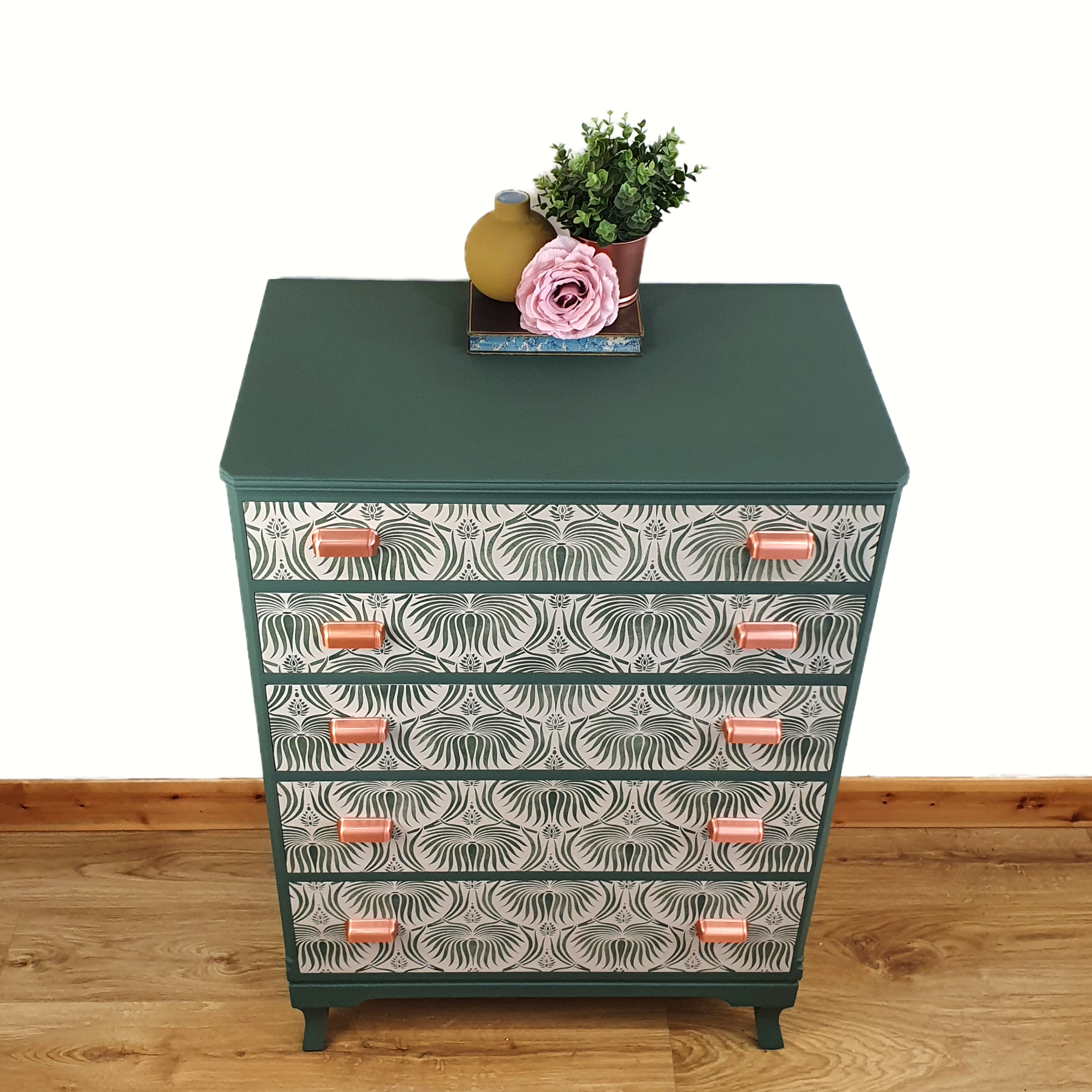 Green and cream 5-drawer tallboy