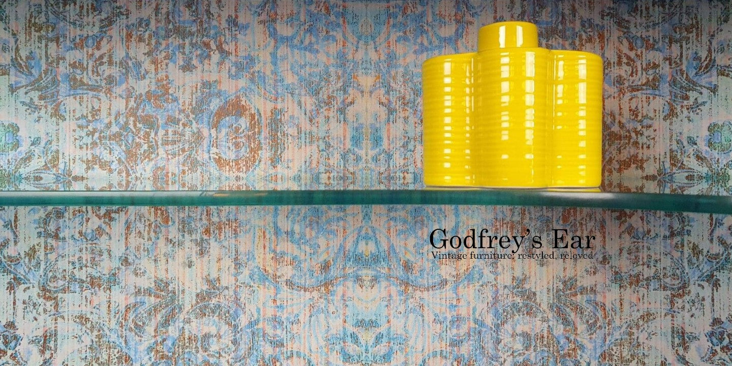Blue G-Plan sideboard with decoupage and geometric stencil