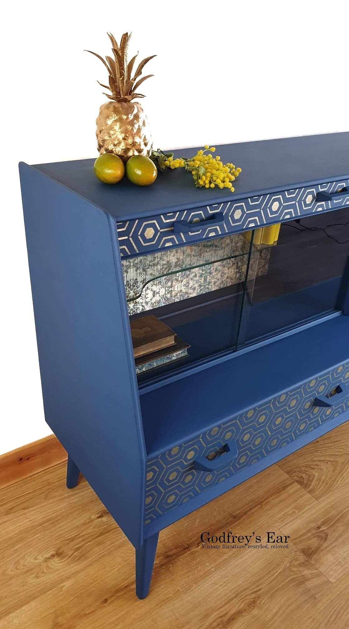 Blue G-Plan sideboard with decoupage and geometric stencil