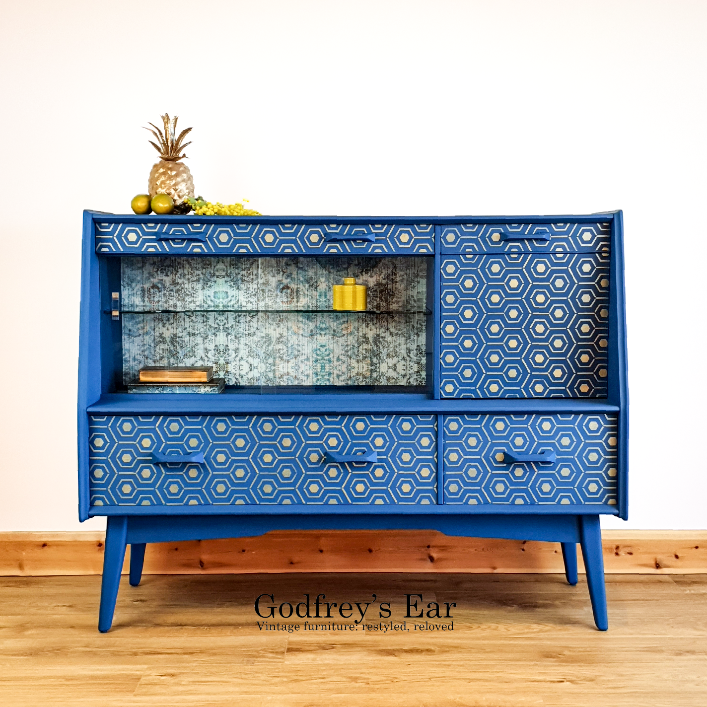 Blue G-Plan sideboard with decoupage and geometric stencil