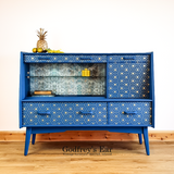 Blue G-Plan sideboard with decoupage and geometric stencil