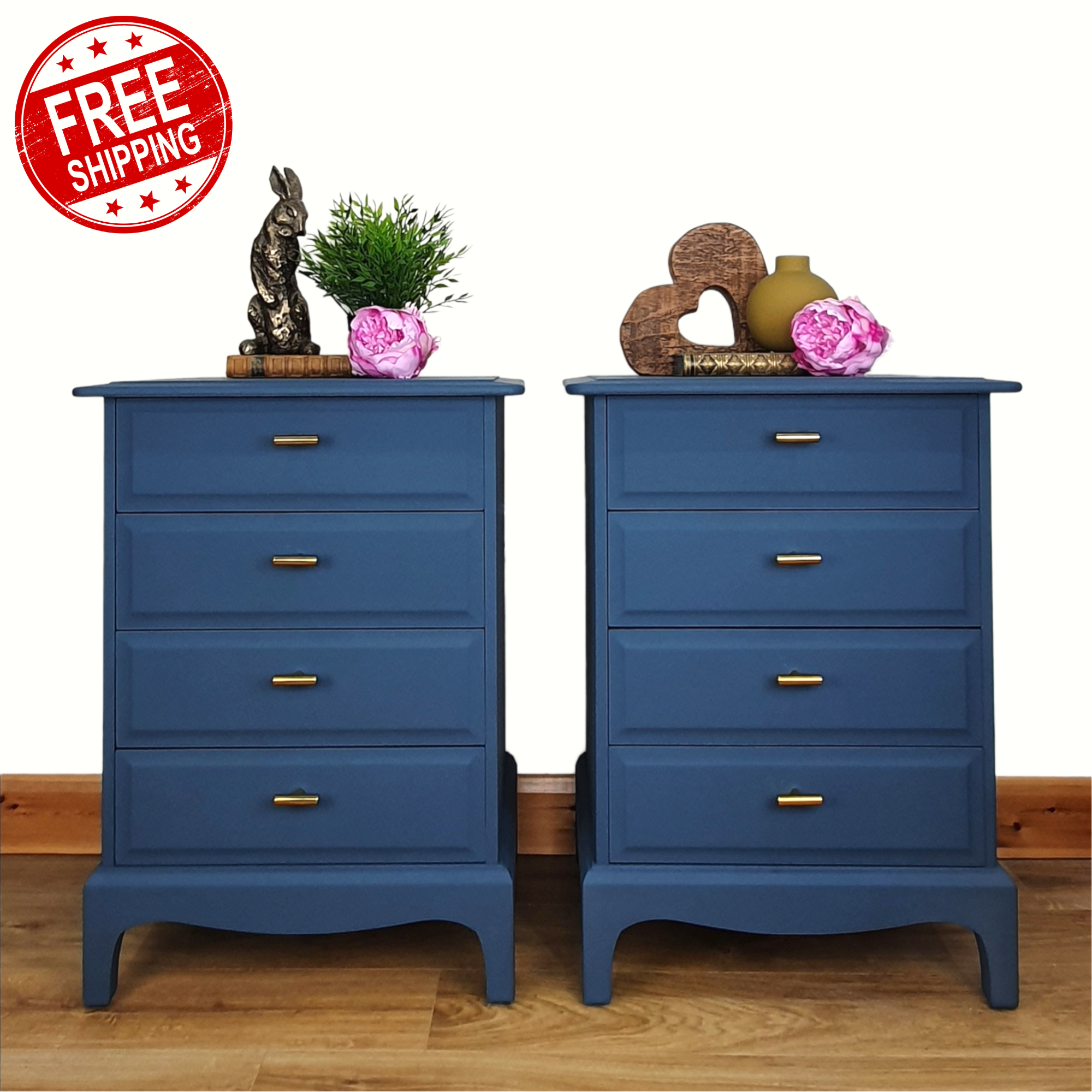 Pair of blue four drawer Stag Minstrel bedside cabinets