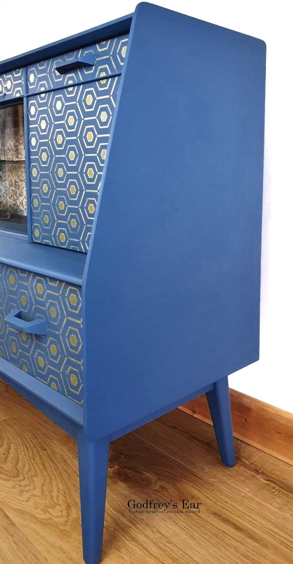 Blue G-Plan sideboard with decoupage and geometric stencil