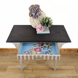 Writing table in beige with dark stained top