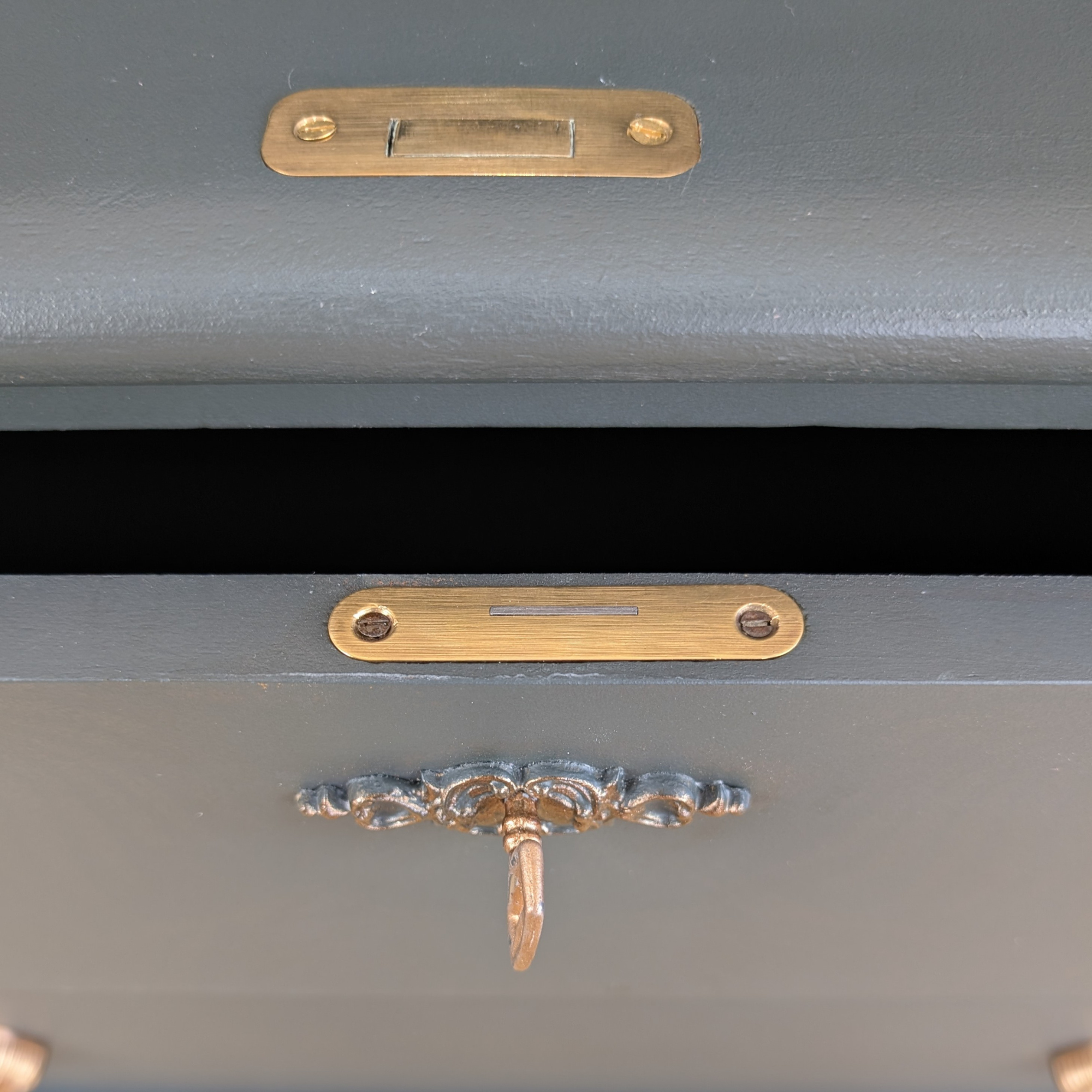 Mid-century bureau, green with ghost stencilling