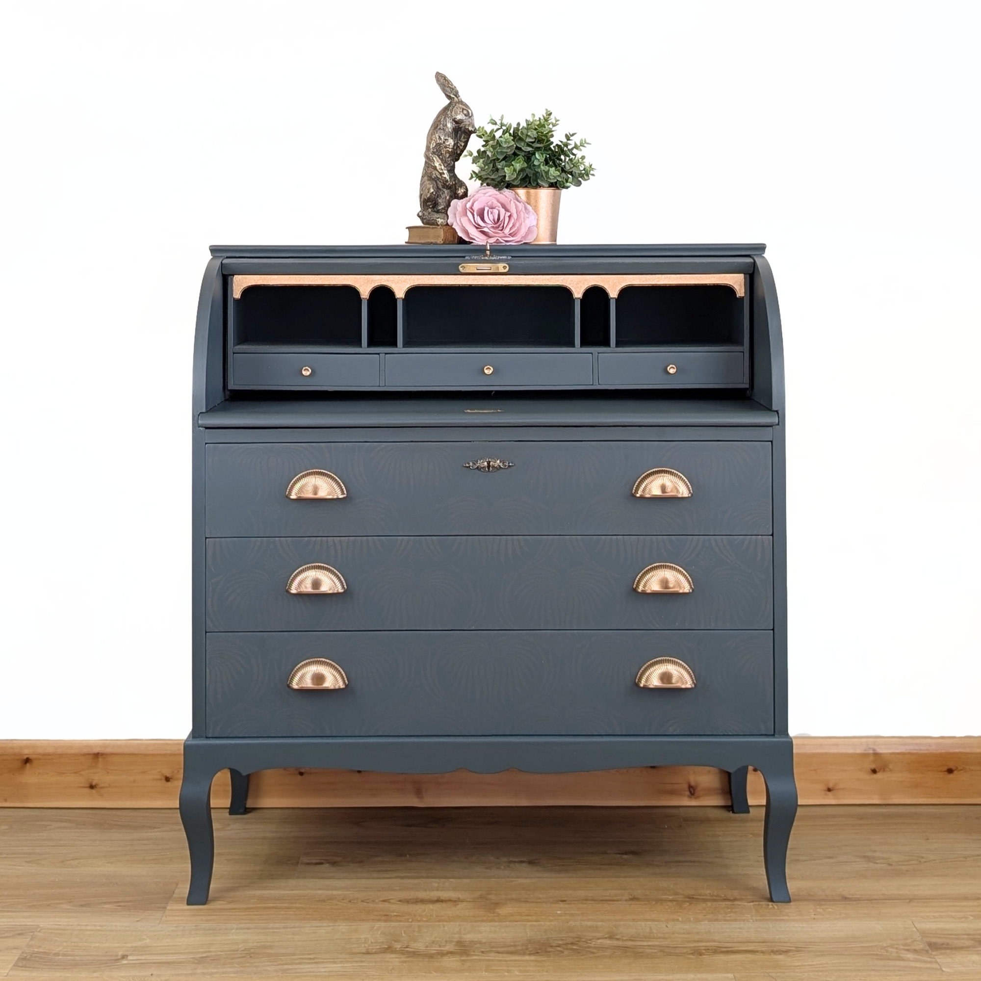 Mid-century bureau, green with ghost stencilling