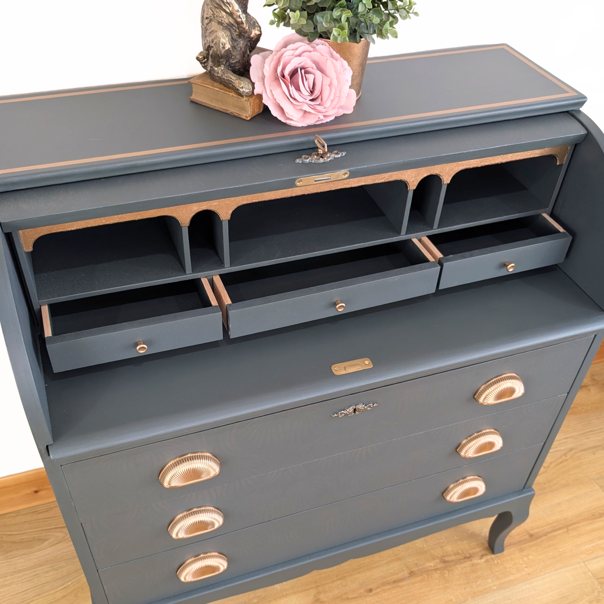 Mid-century bureau, green with ghost stencilling