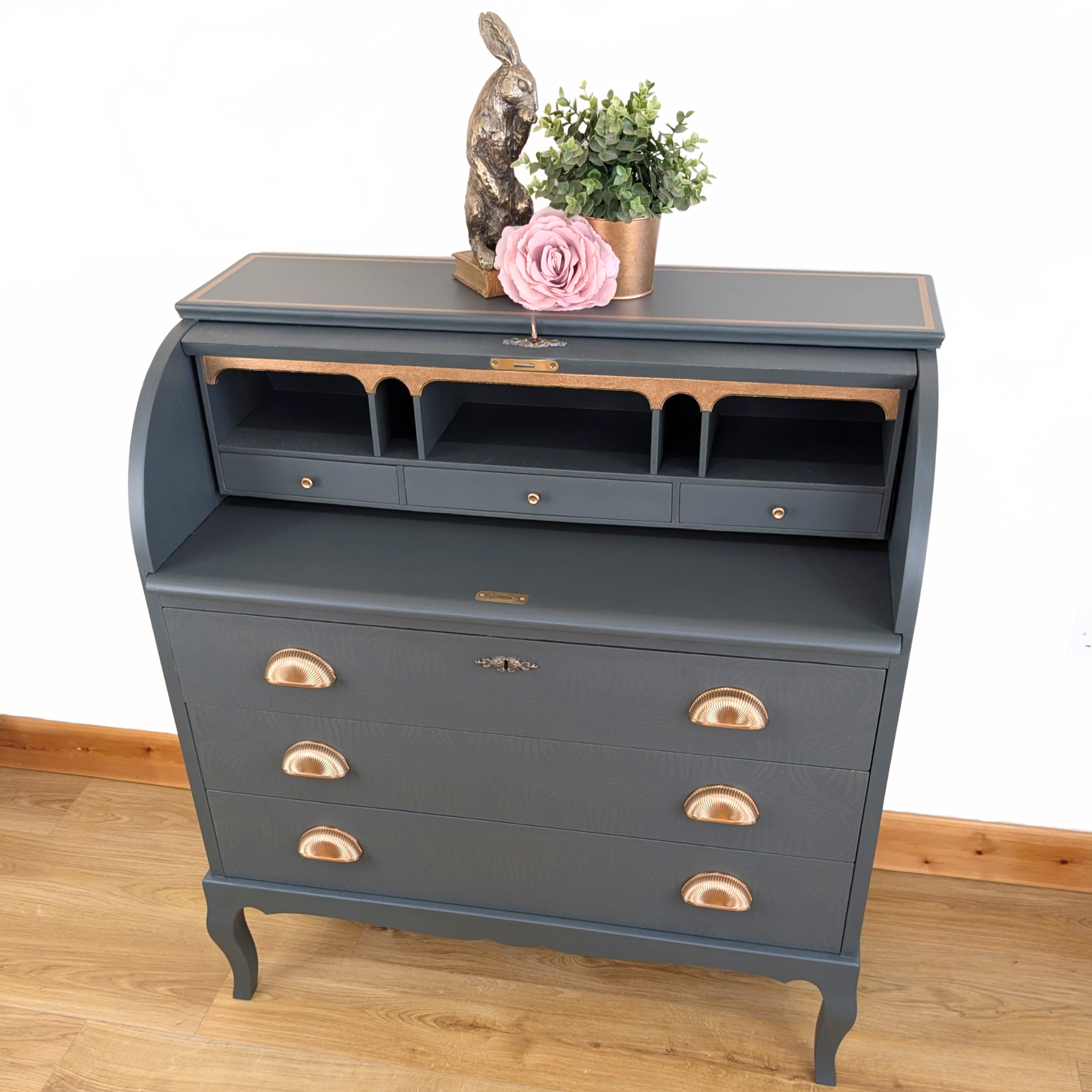 Mid-century bureau, green with ghost stencilling