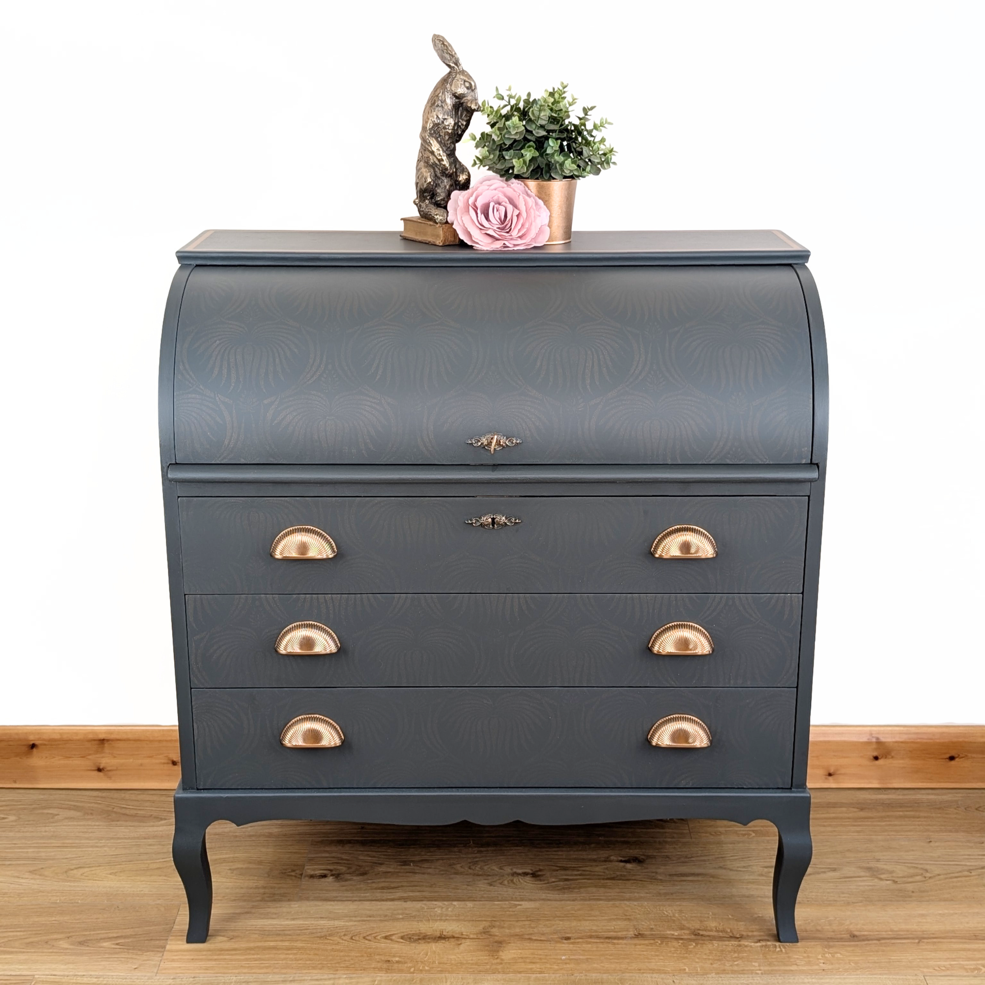 Mid-century bureau, green with ghost stencilling