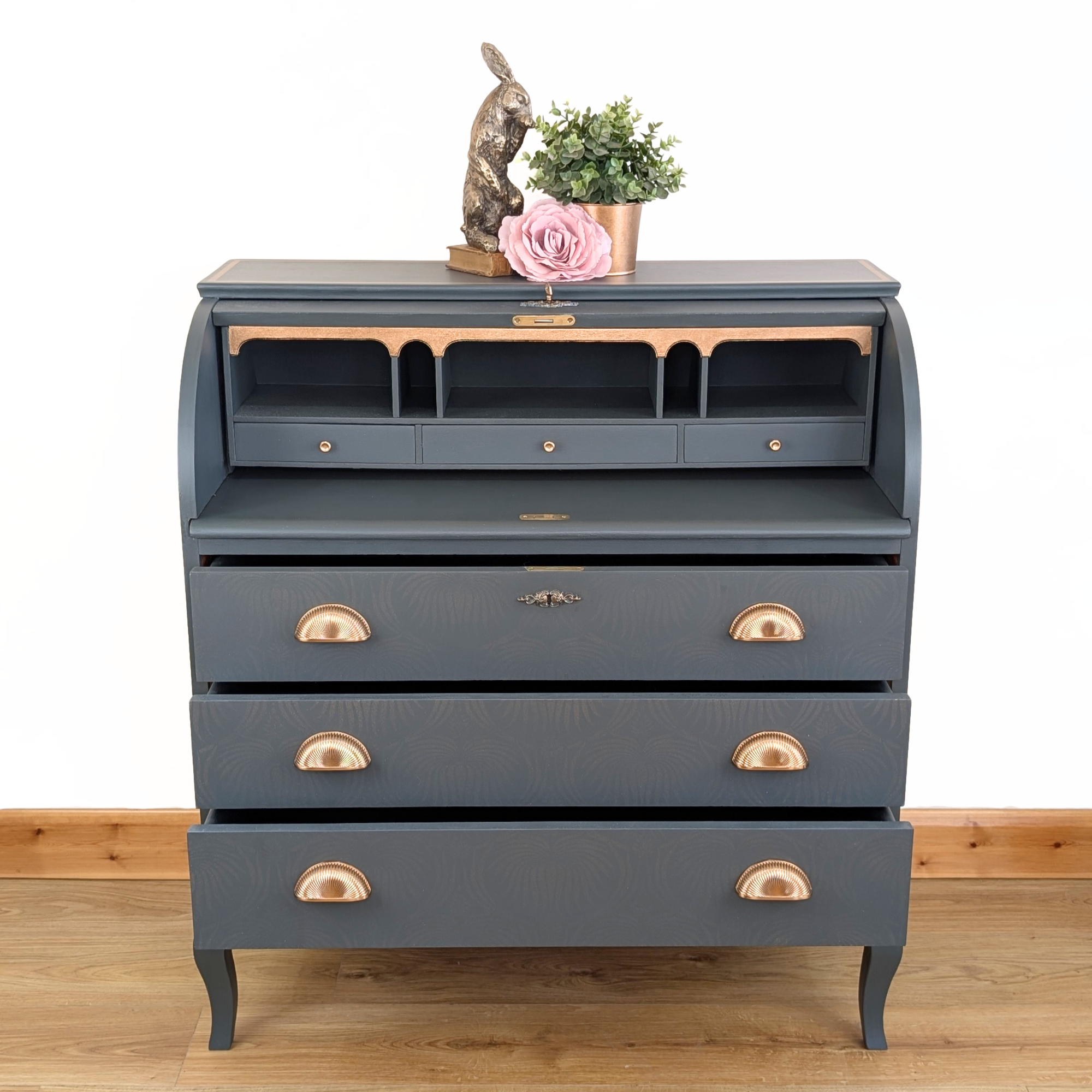 Mid-century bureau, green with ghost stencilling