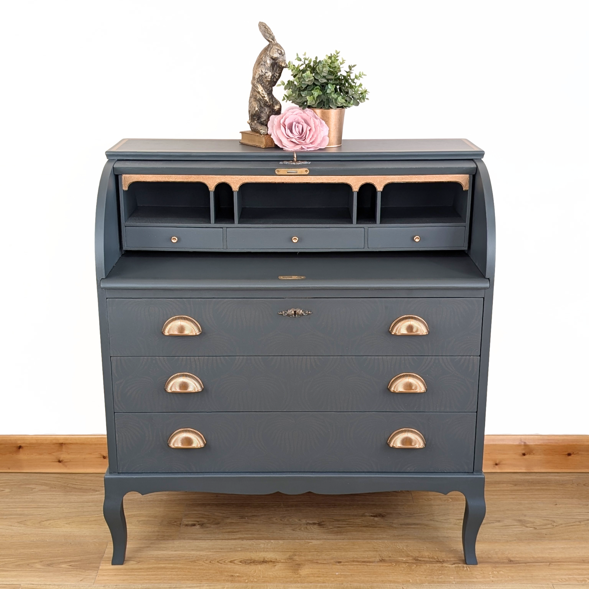 Mid-century bureau, green with ghost stencilling