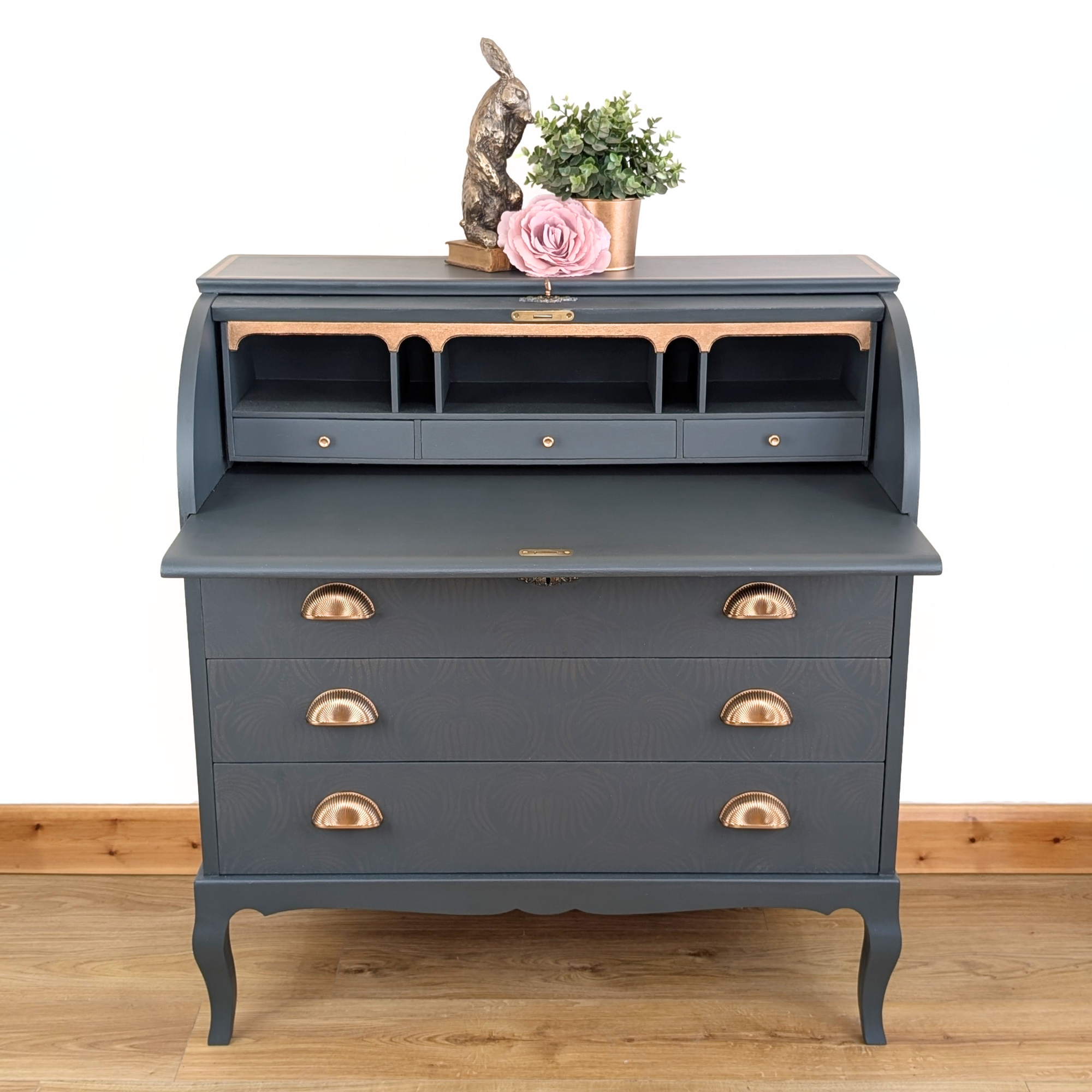 Mid-century bureau, green with ghost stencilling