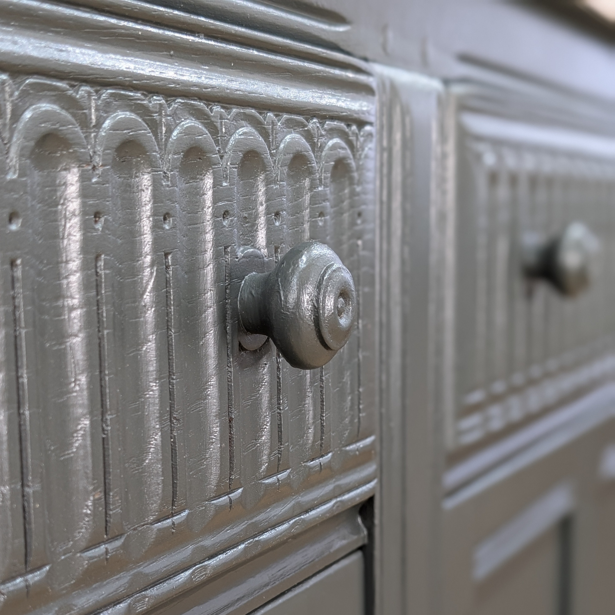 Ercol Old Colonial sideboard in dark neutral dark green with stencilled top