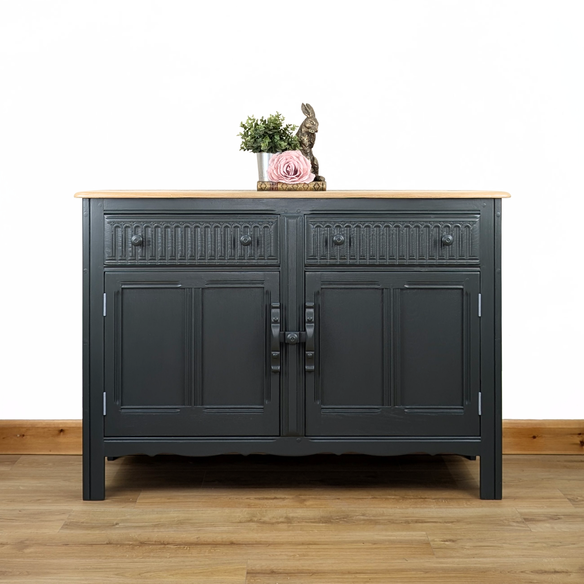 Ercol Old Colonial sideboard in dark neutral dark green with stencilled top