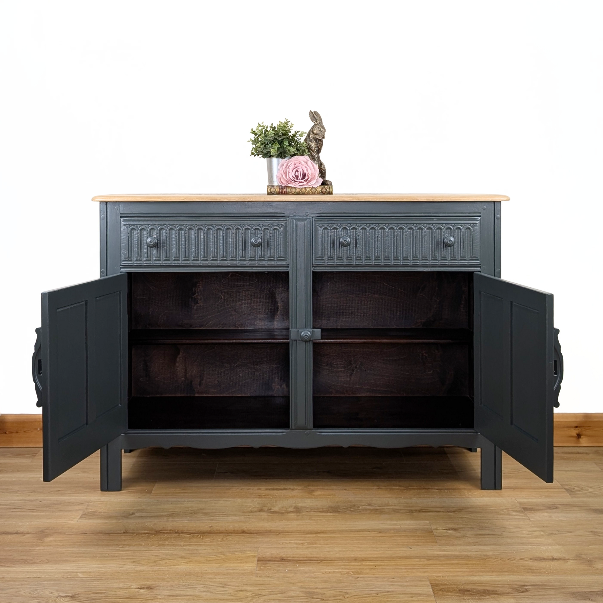 Ercol Old Colonial sideboard in dark neutral dark green with stencilled top
