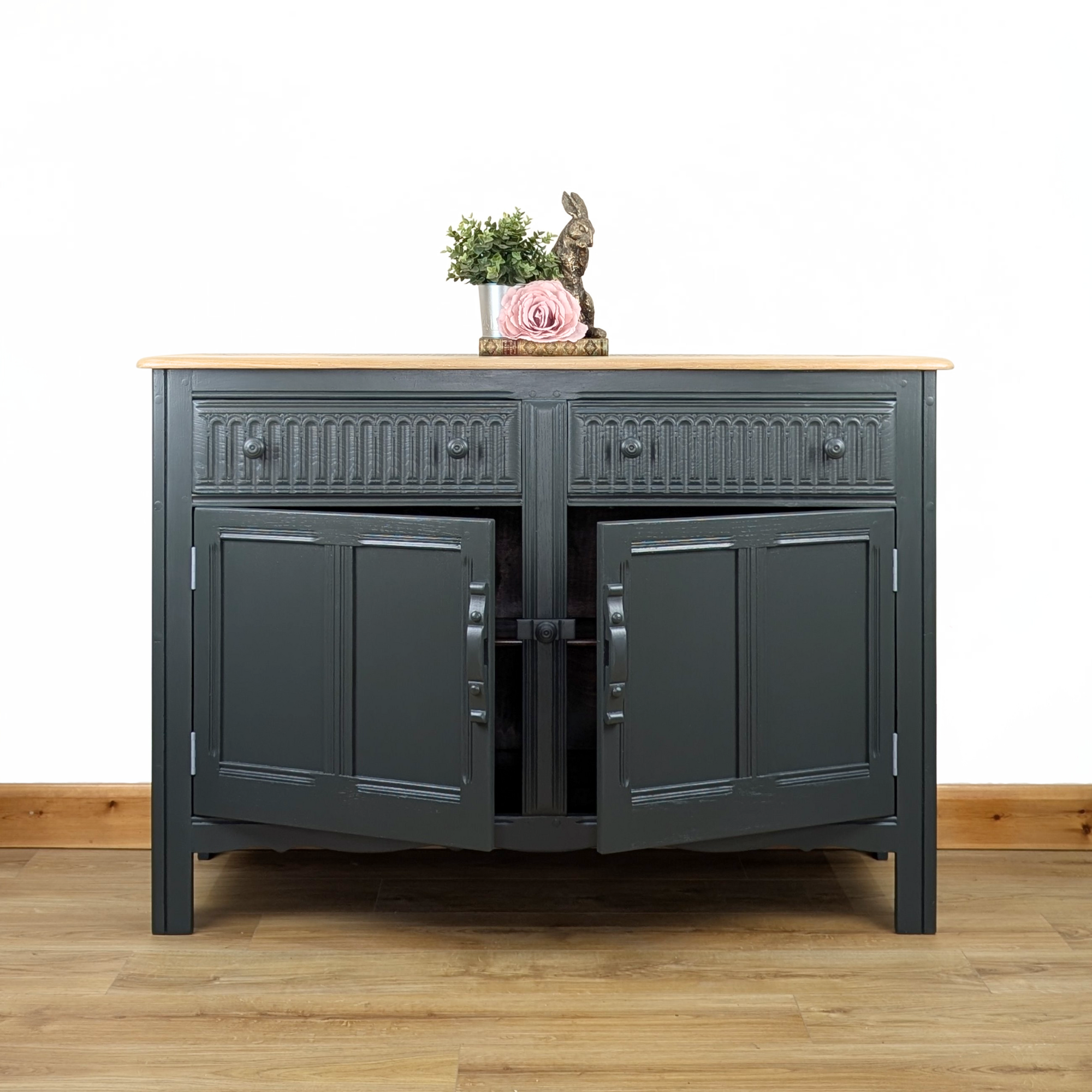 Ercol Old Colonial sideboard in dark neutral dark green with stencilled top