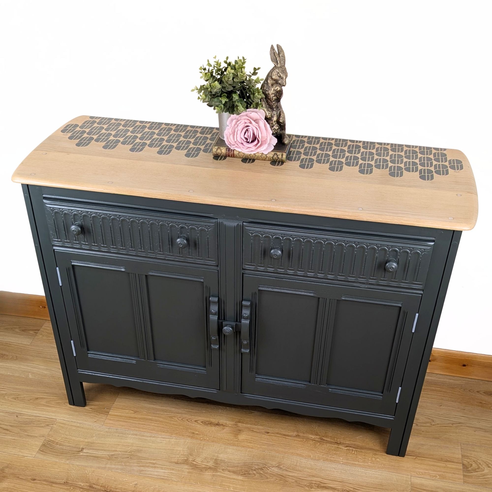 Ercol Old Colonial sideboard in dark neutral dark green with stencilled top