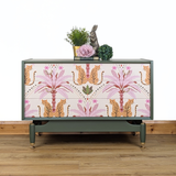 Vintage G-Plan Librenza chest of drawers in deep olive green with leopard motif