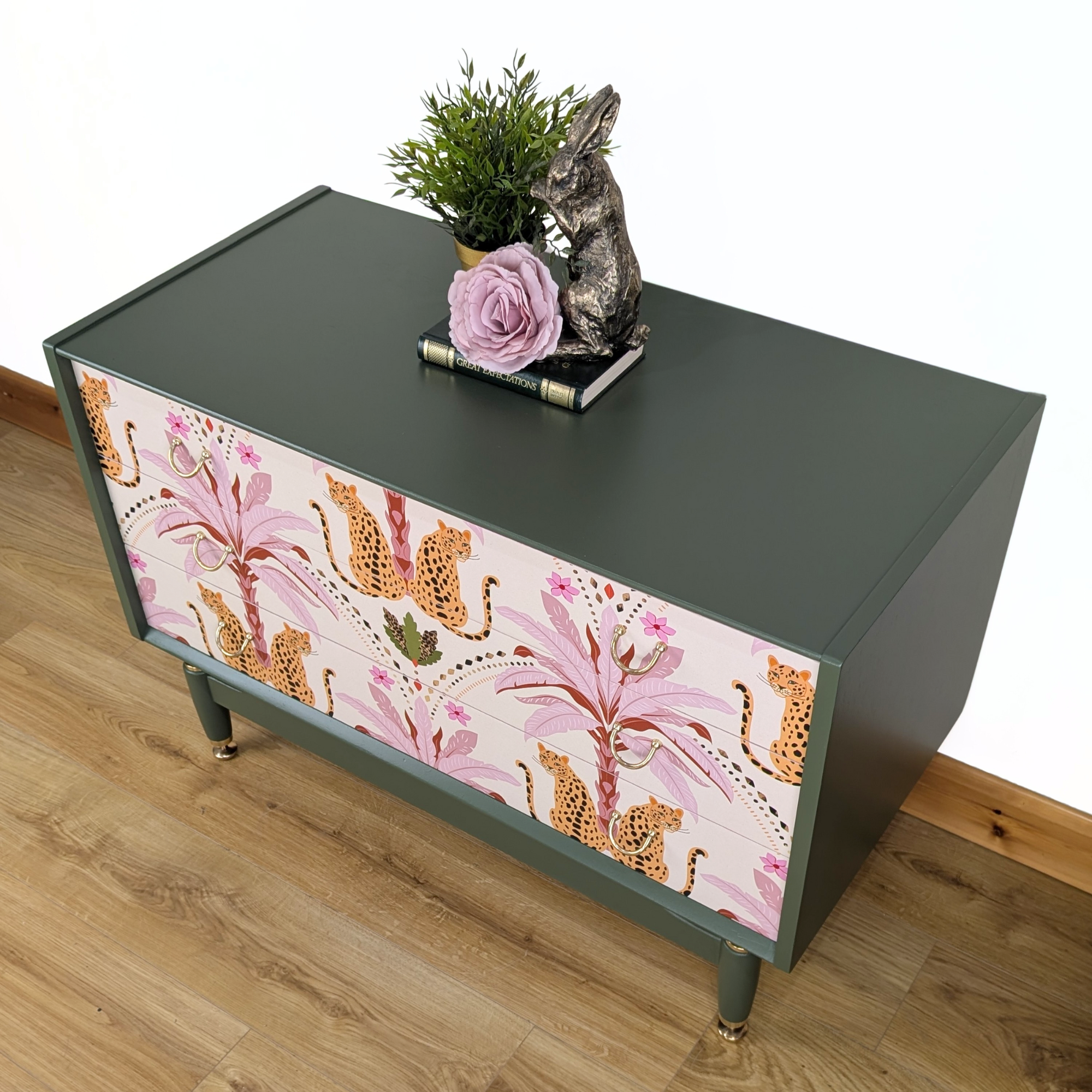 Vintage G-Plan Librenza chest of drawers in deep olive green with leopard motif