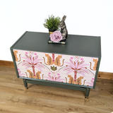 Vintage G-Plan Librenza chest of drawers in deep olive green with leopard motif