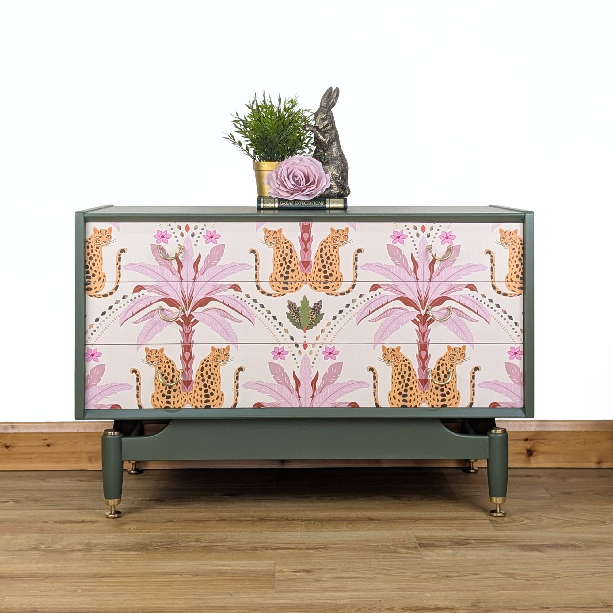 Vintage G-Plan Librenza chest of drawers in deep olive green with leopard motif