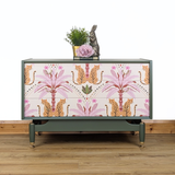 Vintage G-Plan Librenza chest of drawers in deep olive green with leopard motif