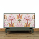 Vintage G-Plan Librenza chest of drawers in deep olive green with leopard motif