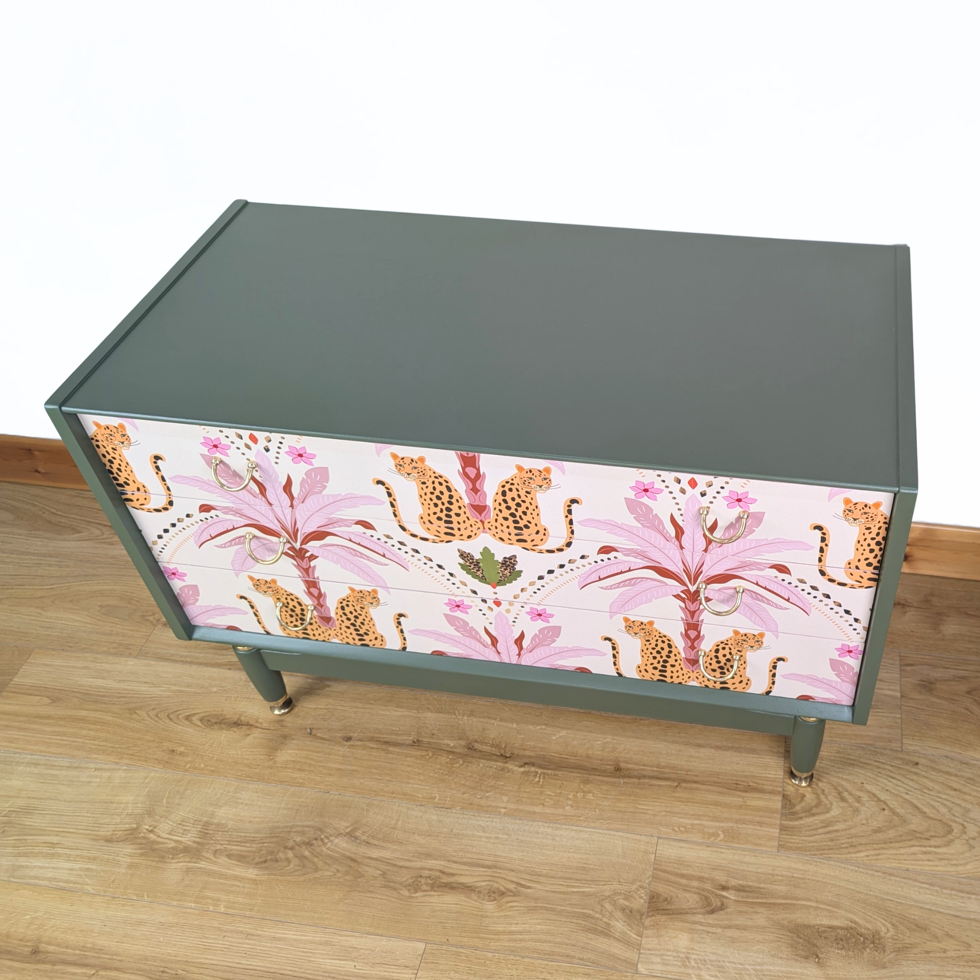 Vintage G-Plan Librenza chest of drawers in deep olive green with leopard motif