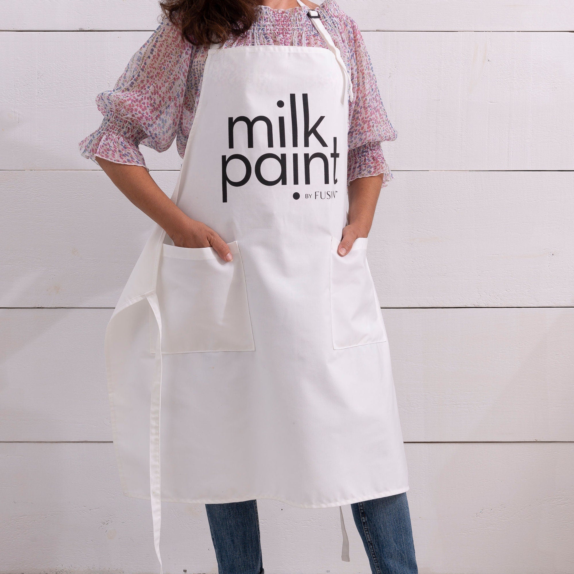 Fusion Milk Paint apron - worn, front