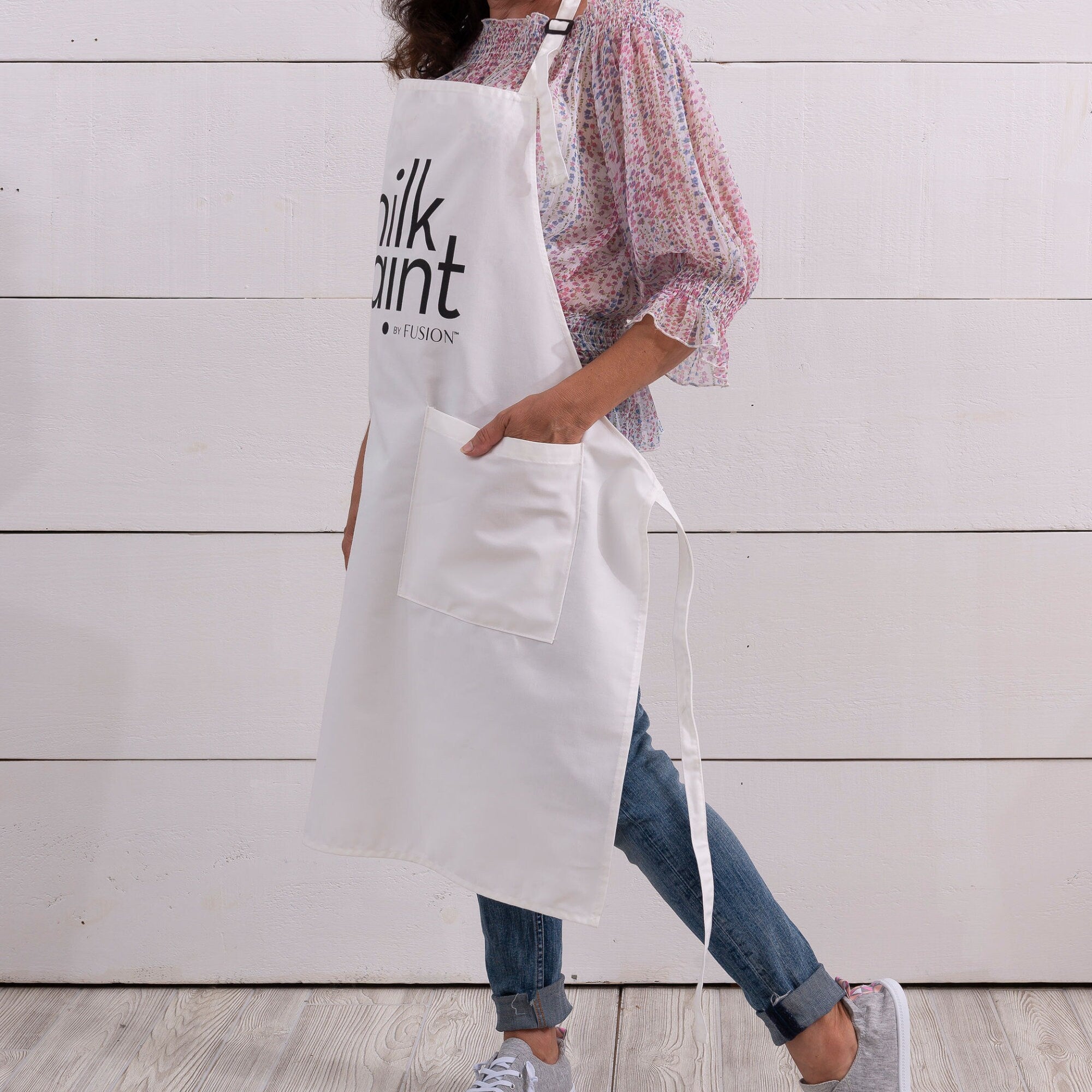 Fusion Milk Paint apron - worn, side