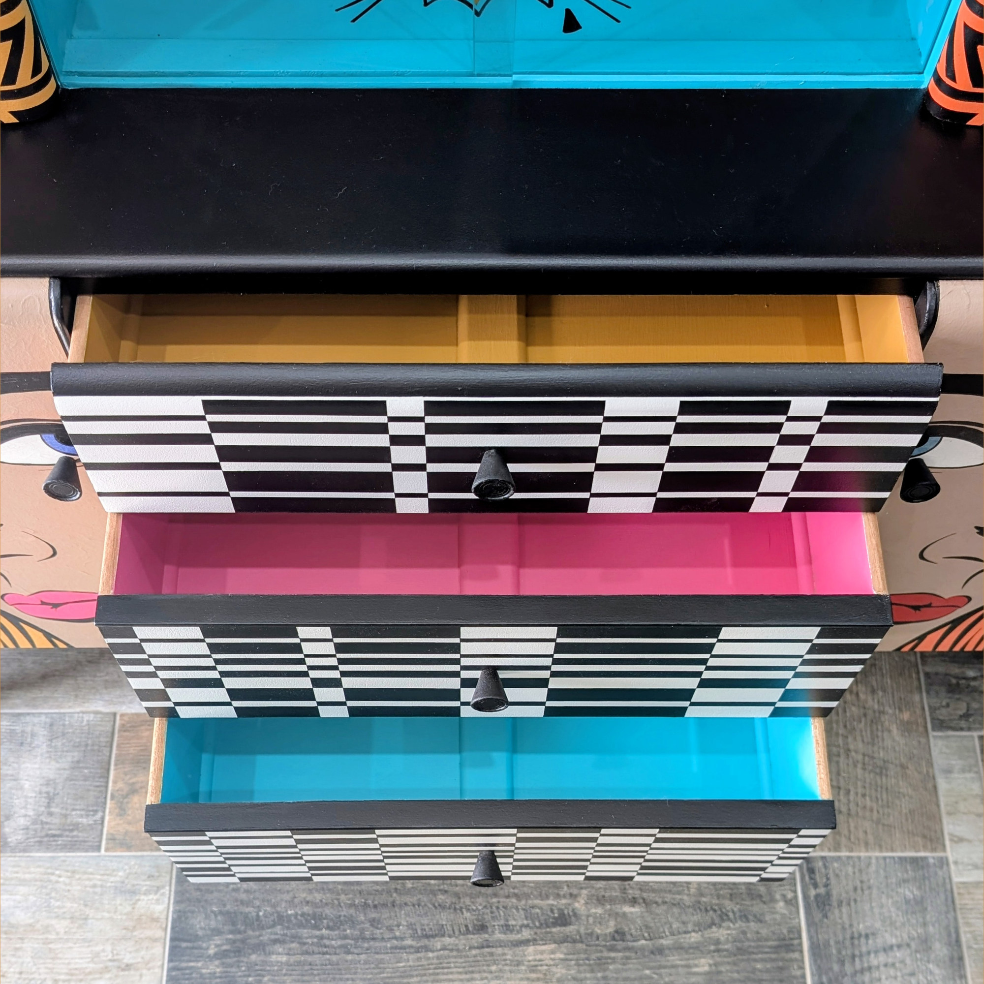 Mesmereyes 2 Beautility sideboard - drawers open, from above