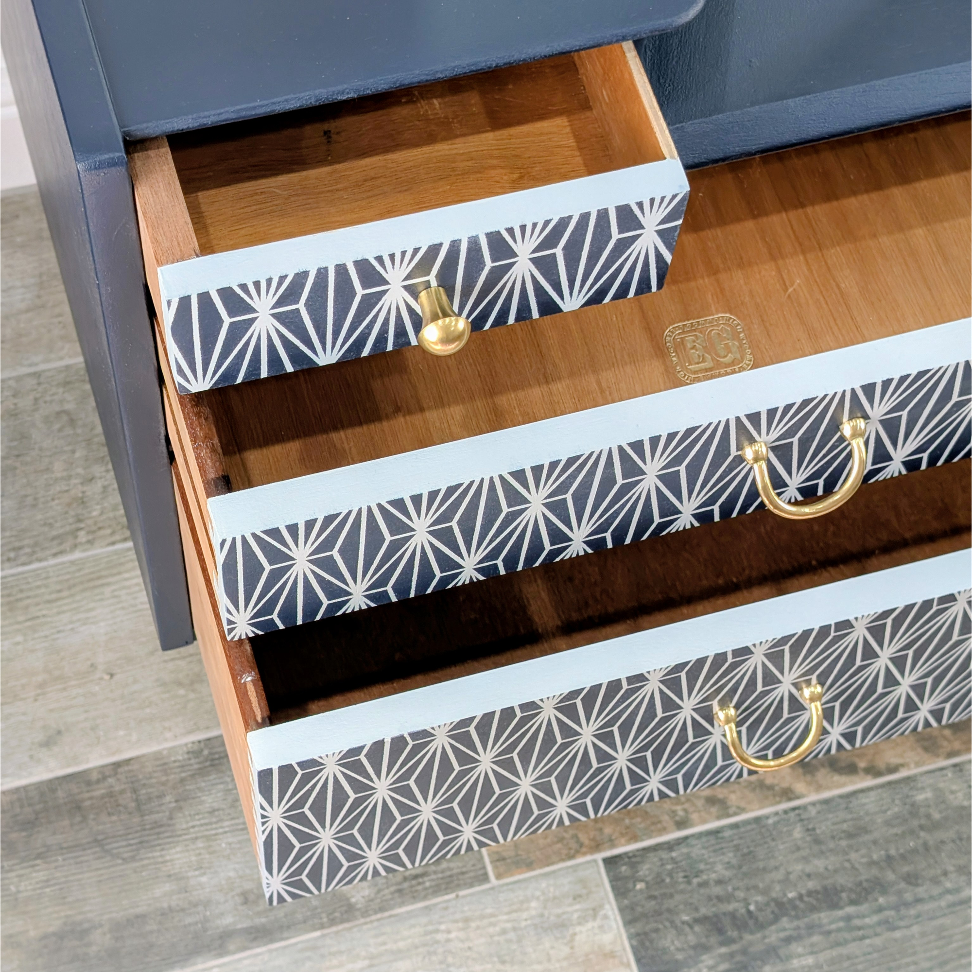 Midnight blue G-Plan dressing table - drawers open, with G-Plan stamp