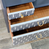 Midnight blue G-Plan dressing table - drawers open, with G-Plan stamp