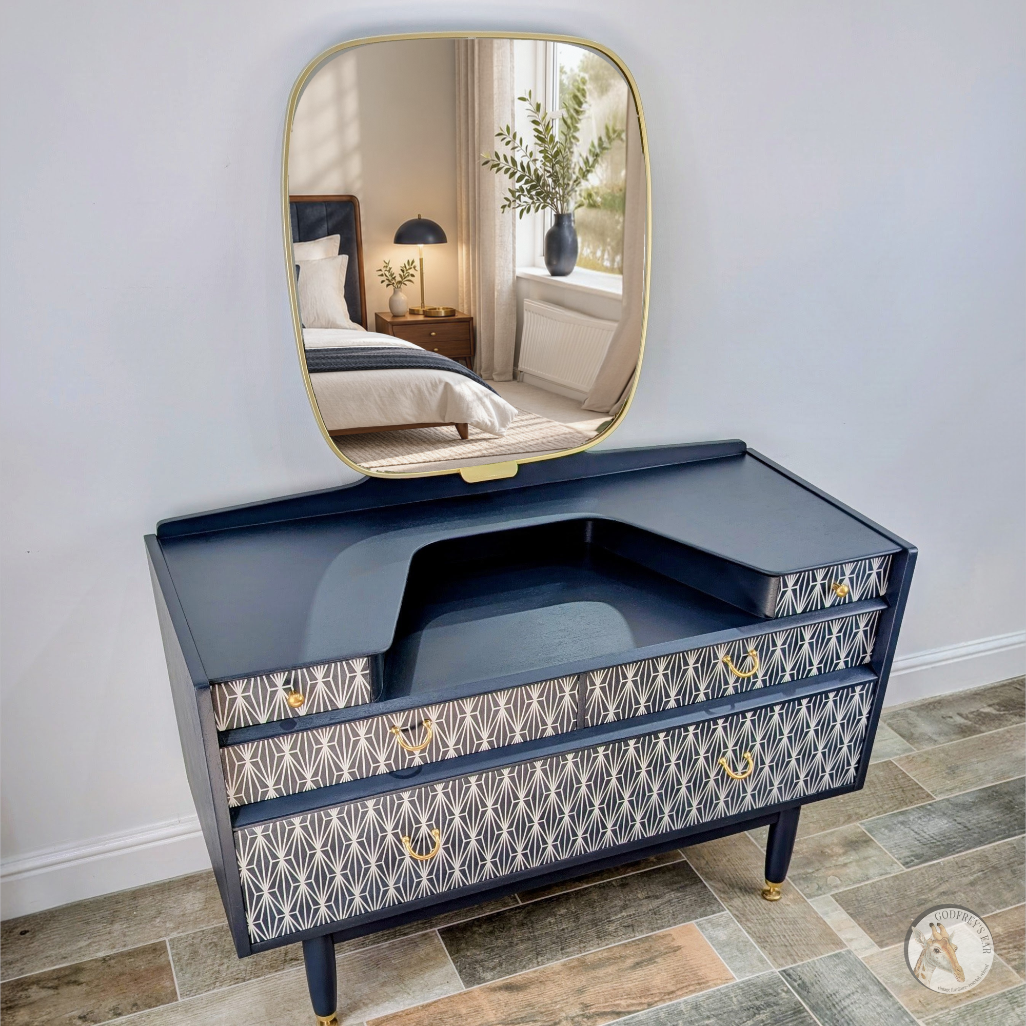 Midnight blue G-Plan dressing table - front left