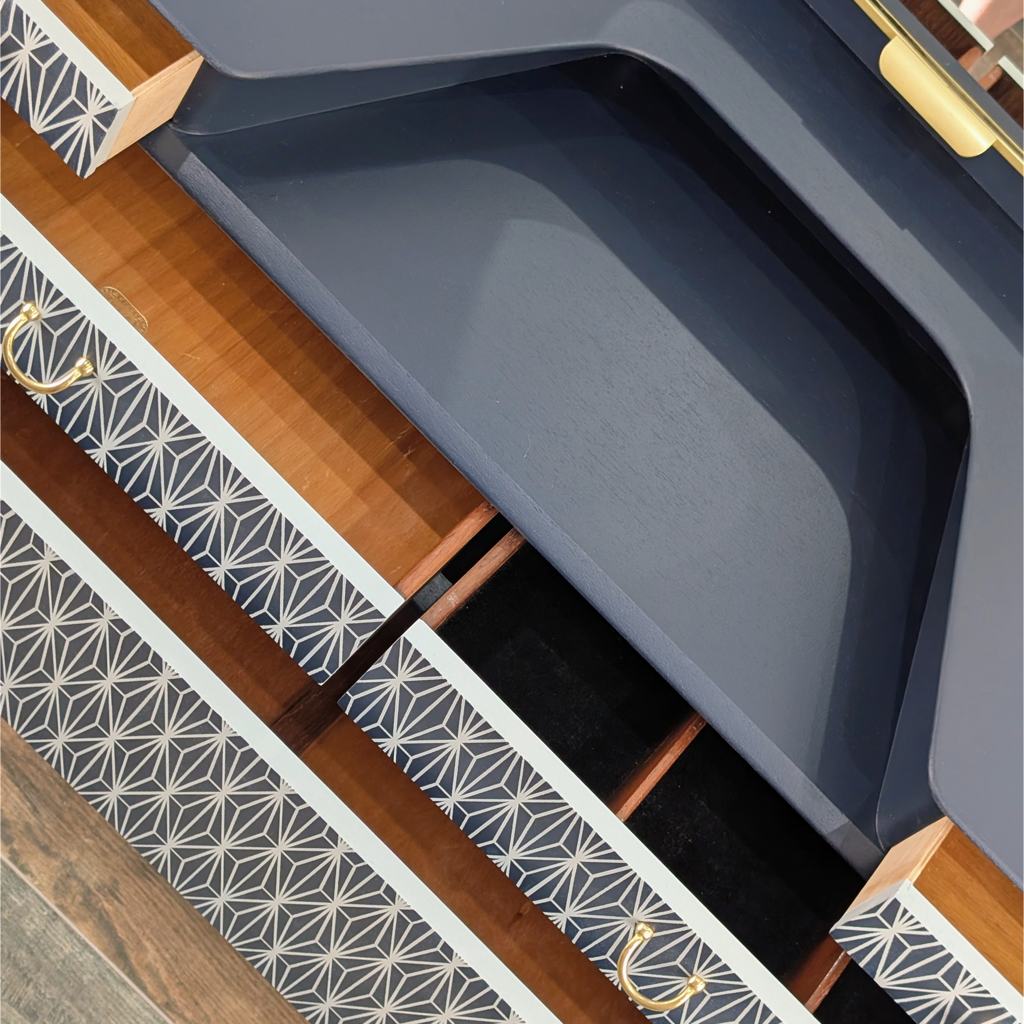 Midnight blue G-Plan dressing table - sectioned drawer, from above
