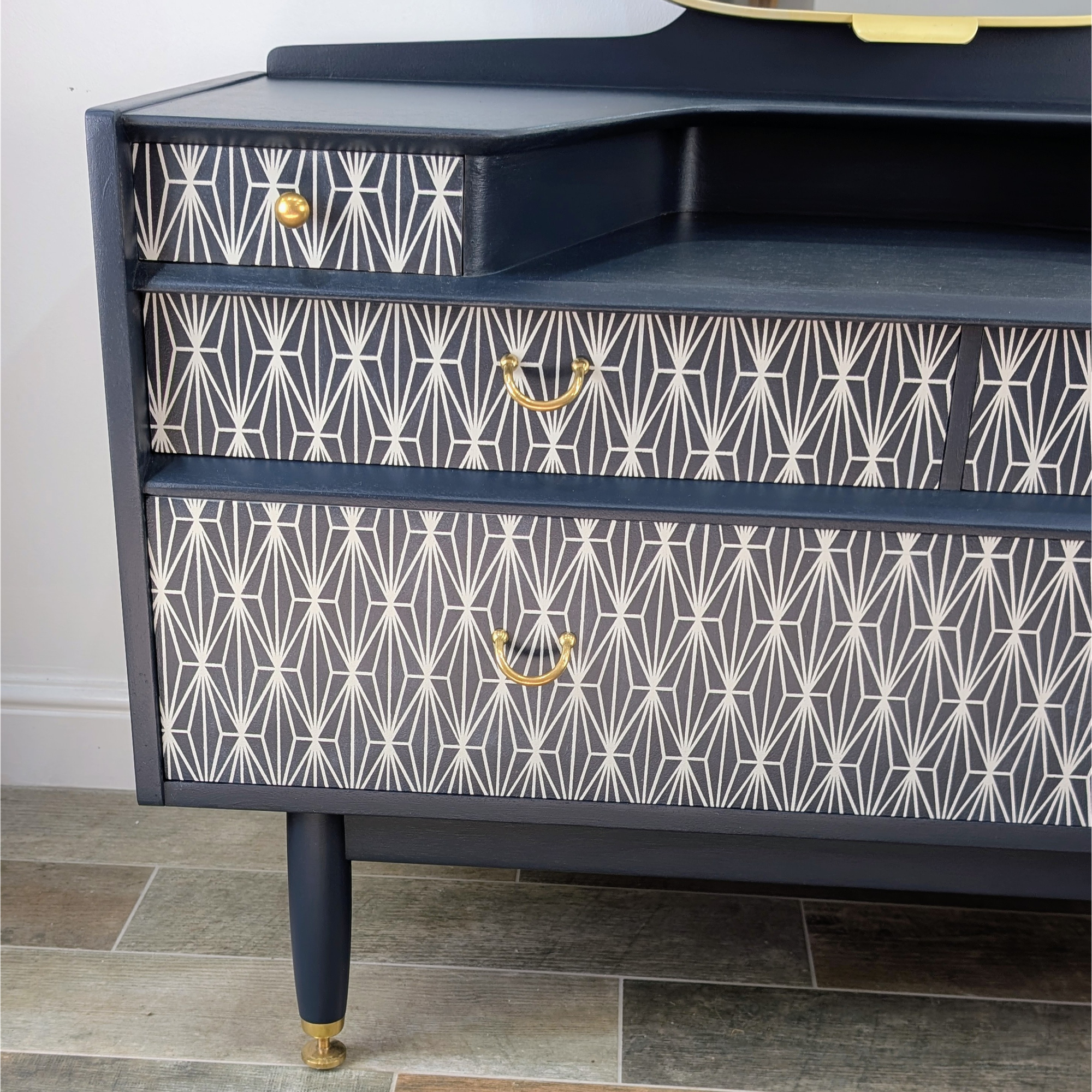 Midnight blue G-Plan dressing table - stencil detail