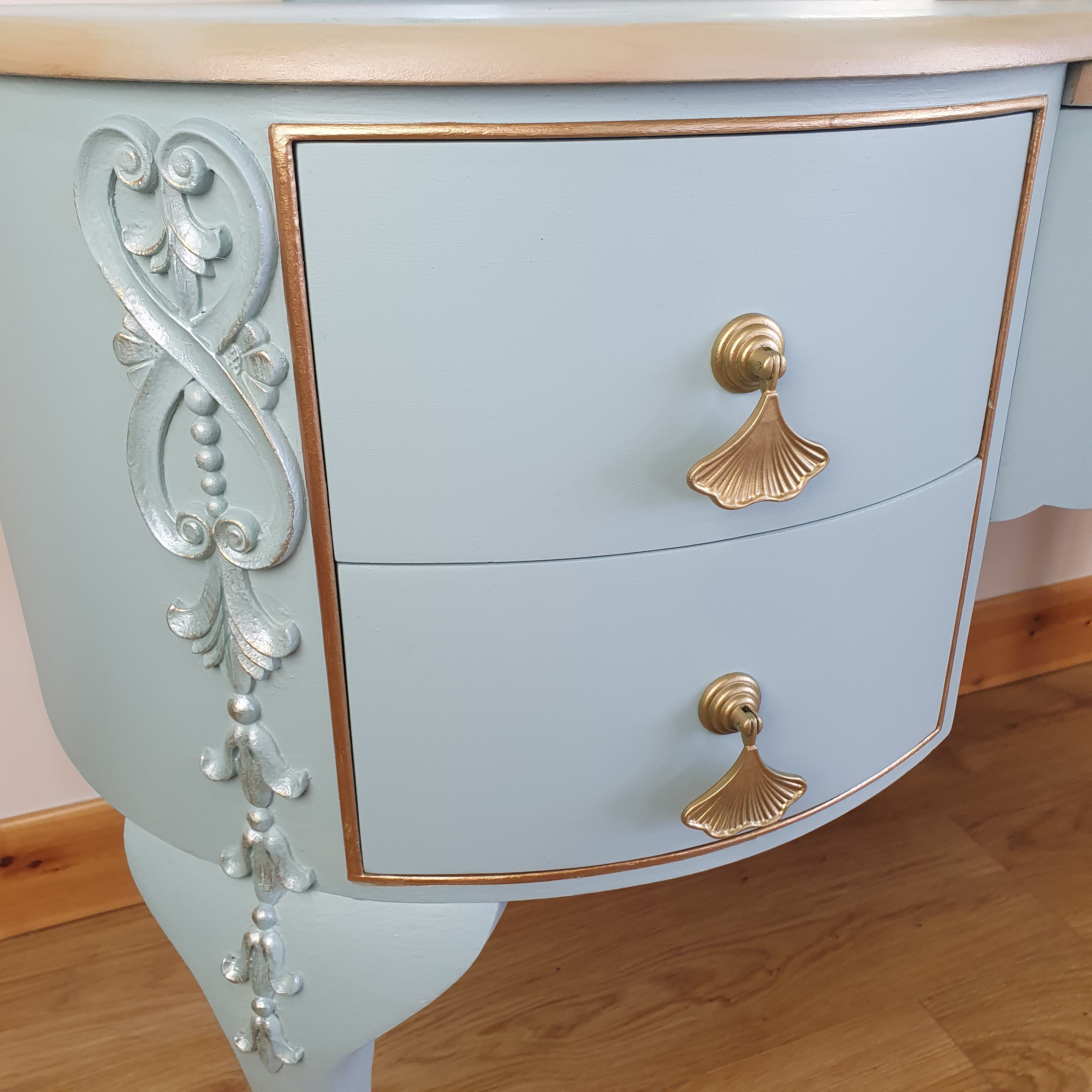 French styled vintage dressing table with triple mirror
