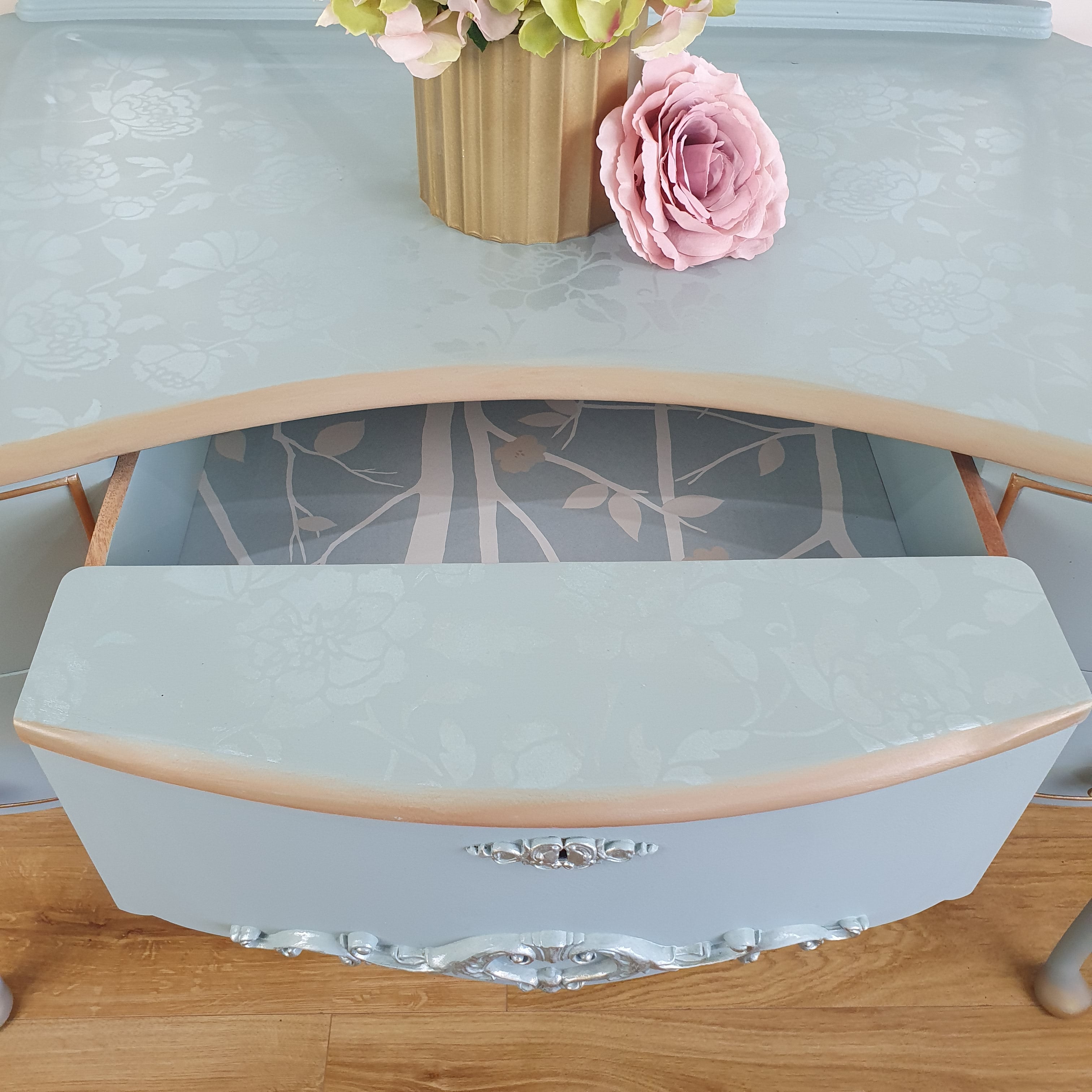 French styled vintage dressing table with triple mirror