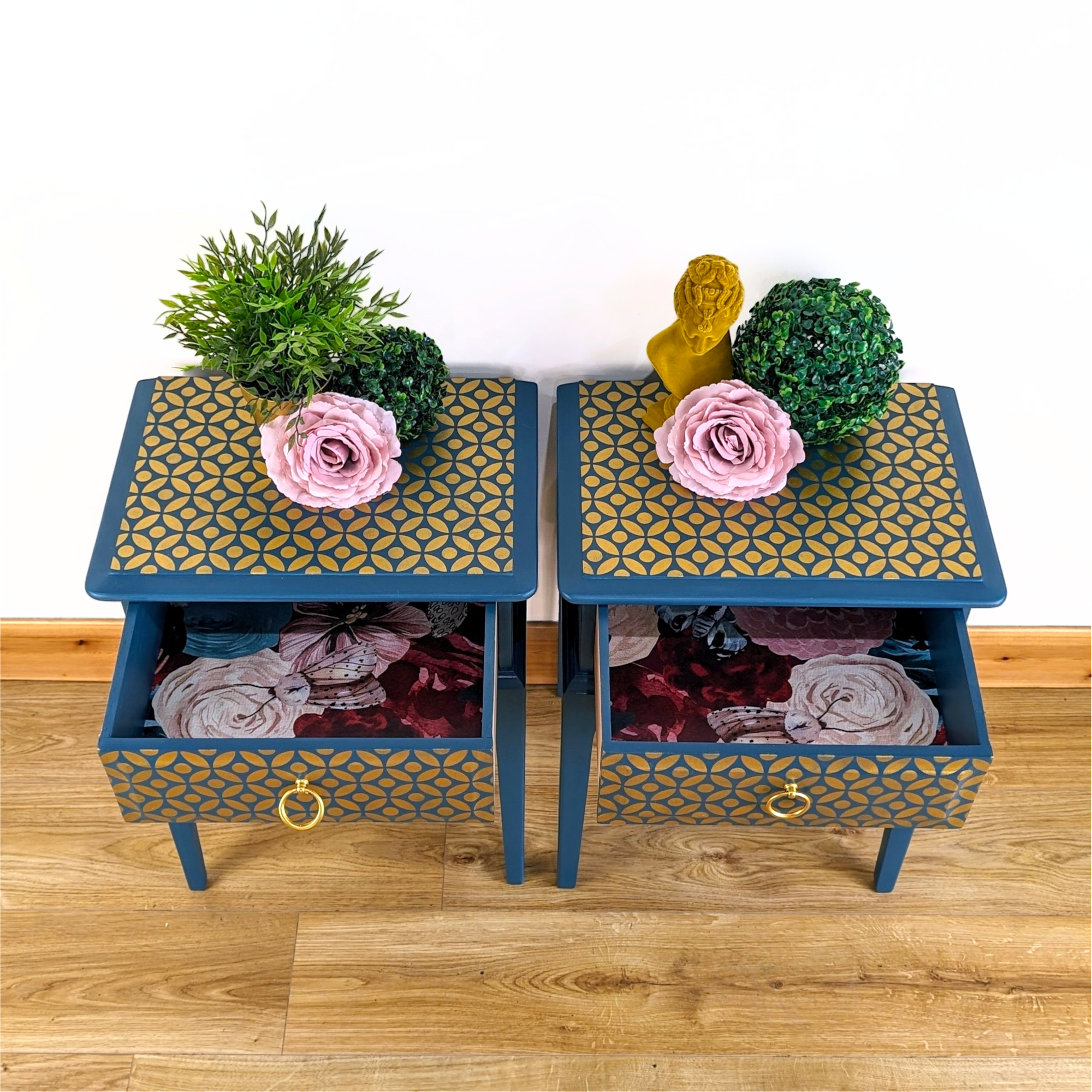 Pair of teal and gold leggy Stag Minstrel bedside cabinets