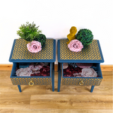 Pair of teal and gold leggy Stag Minstrel bedside cabinets