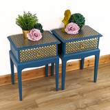 Pair of teal and gold leggy Stag Minstrel bedside cabinets