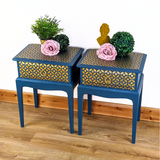 Pair of teal and gold leggy Stag Minstrel bedside cabinets