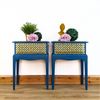 Pair of teal and gold leggy Stag Minstrel bedside cabinets