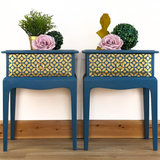 Pair of teal and gold leggy Stag Minstrel bedside cabinets