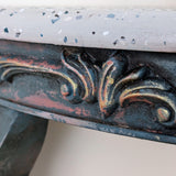 Rustic demi-lune console table, faux terrazzo top
